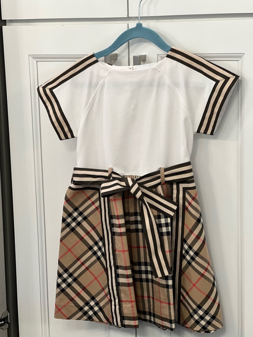 Burberry White Bodice Plaid Skirt Dress with Striped Bow